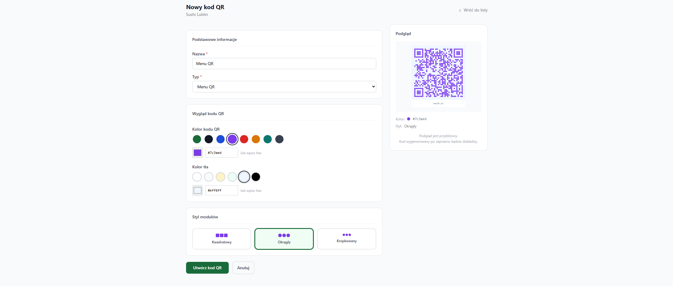 Screenshot modułu Kody QR w Queik